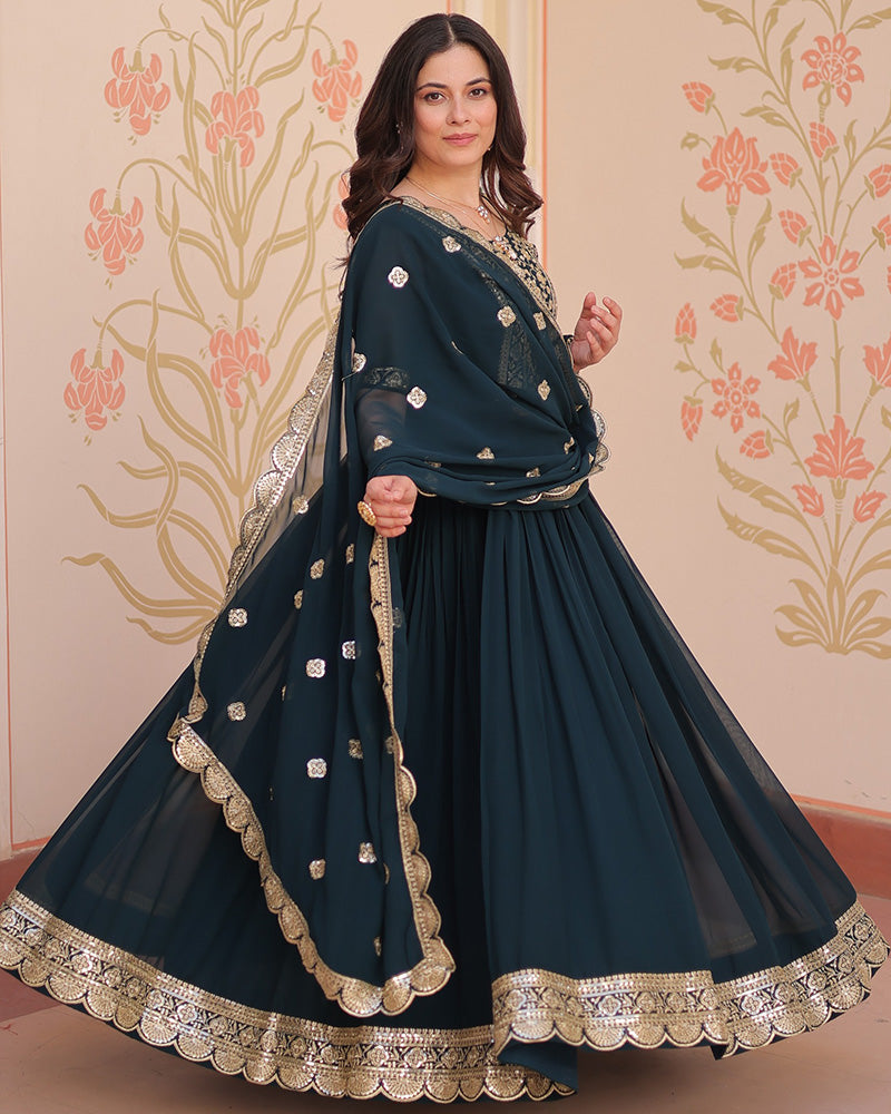 Designer Rama Blue Anarkali Gown with Golden Embroidery - ETHNICDEAL