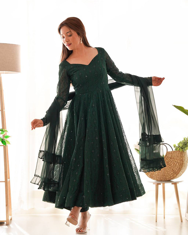 Green Color Georgette Lucknowi Three Piece Anarkali Suit - ETHNICDEAL