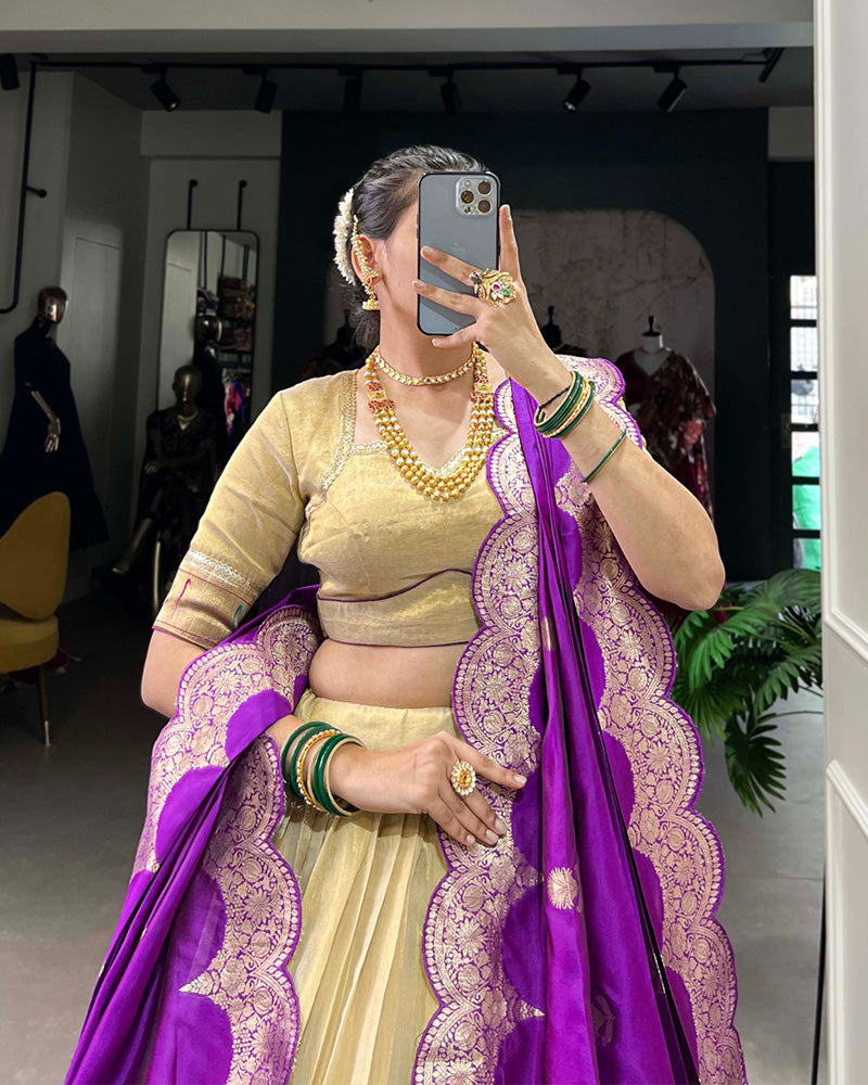 Cream Color Erode Paithani Silk Lehenga Choli - ETHNICDEAL