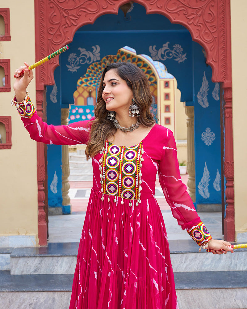 Rani Pink Color Georgette Laheriya Print Navratri Gown - ETHNICDEAL