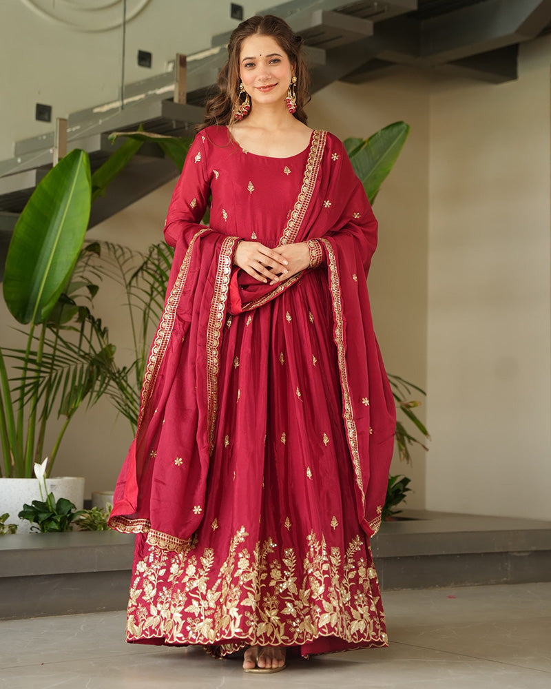 Red Color Chinnon Sequence Embroidered Gown - ETHNICDEAL