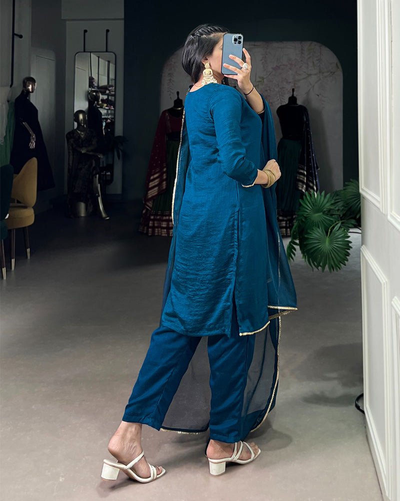 Blue Color Vichitra Silk Three Piece Kurti Suit - ETHNICDEAL