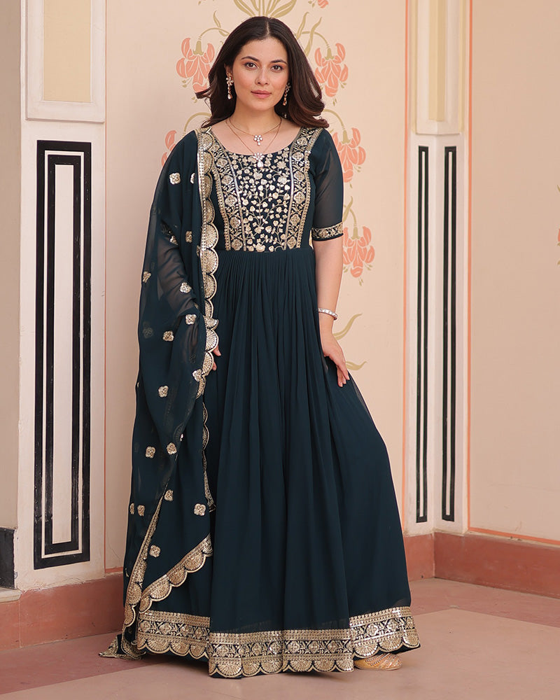 Designer Rama Blue Anarkali Gown with Golden Embroidery - ETHNICDEAL