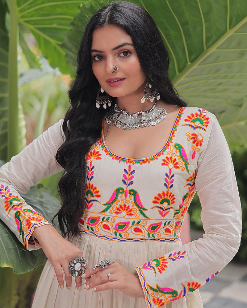 Off-White Kora Cotton Mirror-Embroidered Flared Navratri Gown - ETHNICDEAL