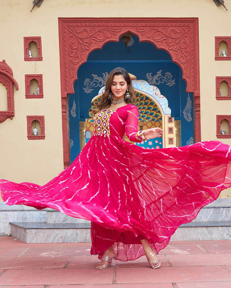 Rani Pink Color Georgette Laheriya Print Navratri Gown - ETHNICDEAL