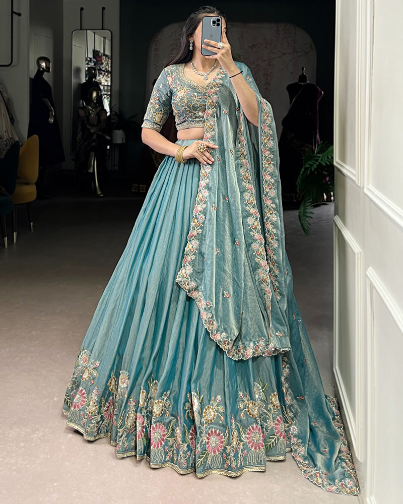 Sky Blue Color Zari Shimmer Thread Embroidered Lehenga Choli - ETHNICDEAL