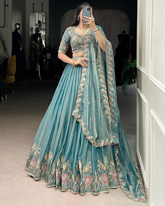 Sky Blue Color Zari Shimmer Thread Embroidered Lehenga Choli - ETHNICDEAL