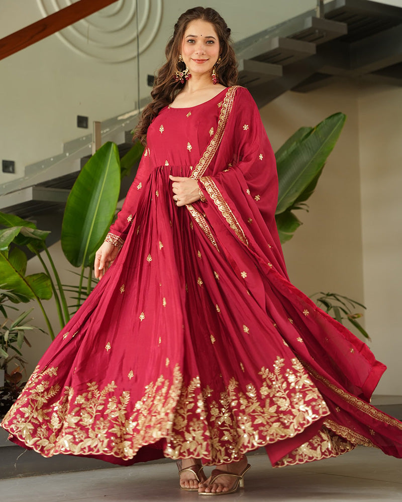 Red Color Chinnon Sequence Embroidered Gown - ETHNICDEAL