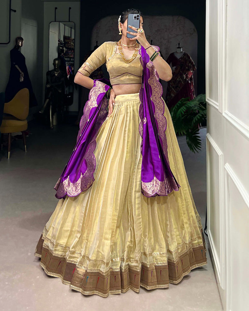 Cream Color Erode Paithani Silk Lehenga Choli - ETHNICDEAL