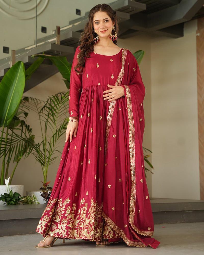 Red Color Chinnon Sequence Embroidered Gown - ETHNICDEAL