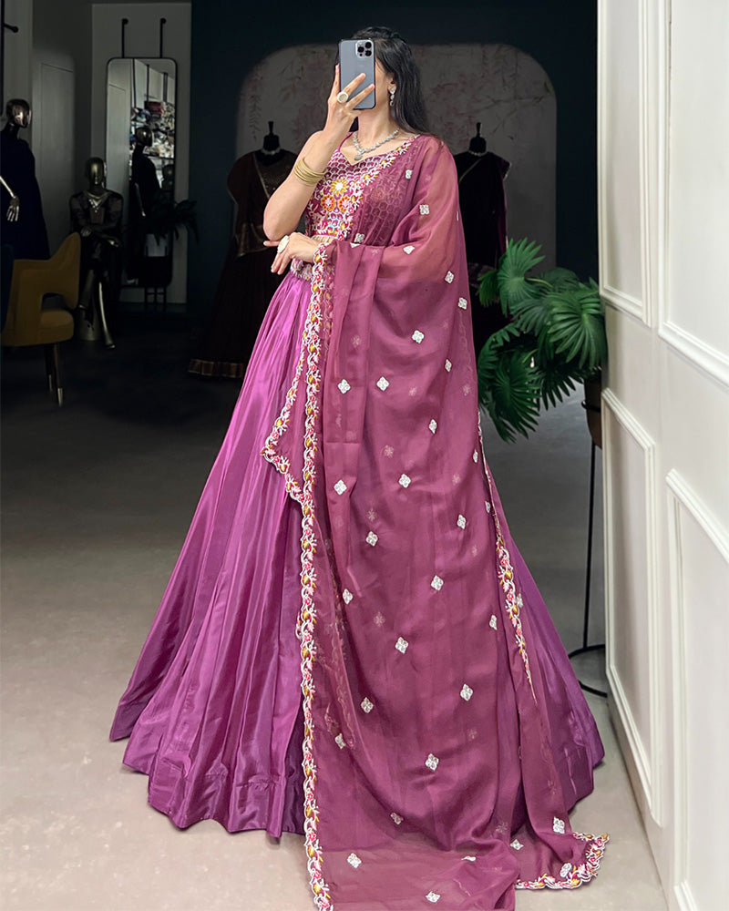 Mauve Pink Color Silk Crape Lehenga Choli - ETHNICDEAL
