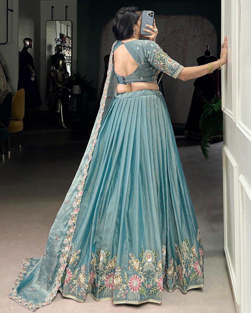 Sky Blue Color Zari Shimmer Thread Embroidered Lehenga Choli - ETHNICDEAL
