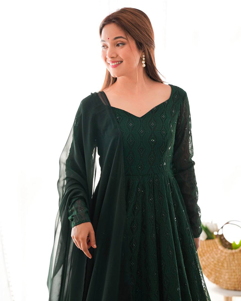 Green Color Georgette Lucknowi Three Piece Anarkali Suit - ETHNICDEAL