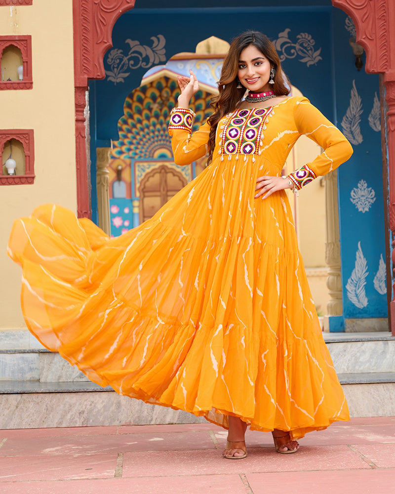 Yellow Color Georgette Laheriya Print Navratri Gown - ETHNICDEAL