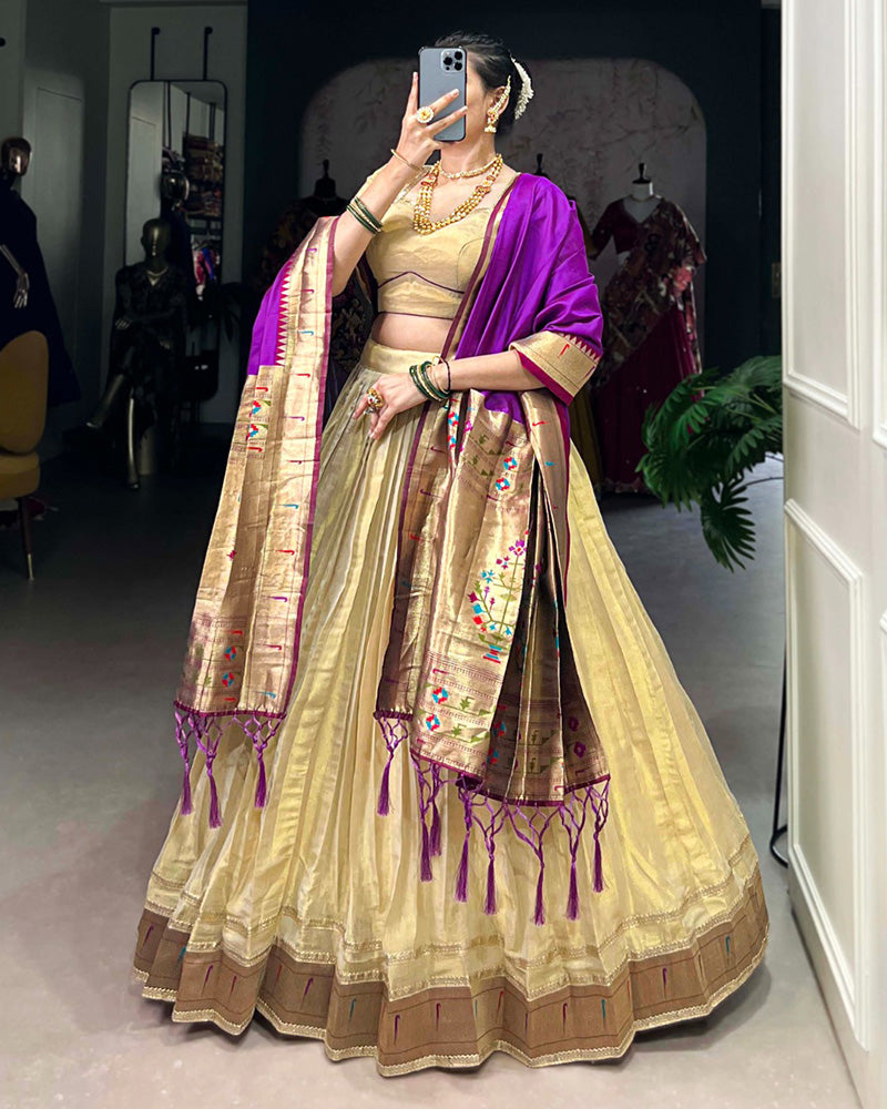 Cream Color Erode Paithani Silk Lehenga Choli - ETHNICDEAL