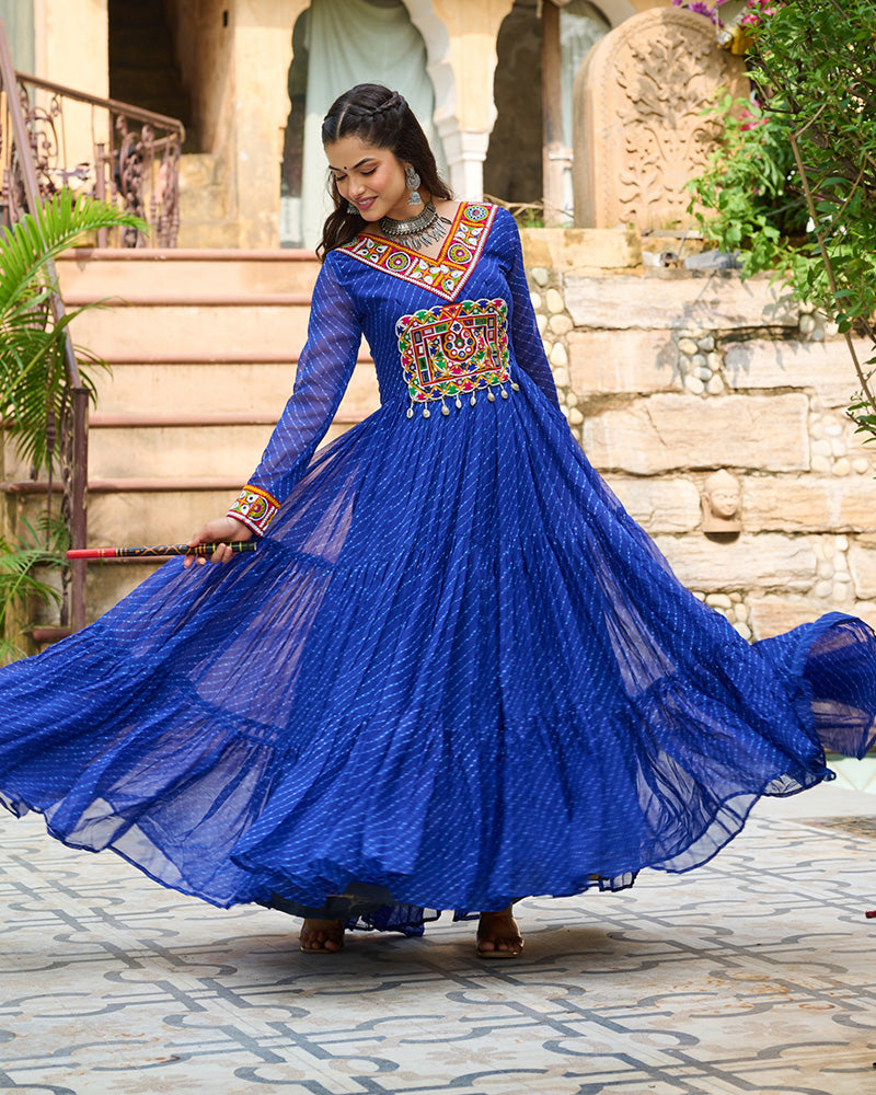 Vibrant Blue Kutchi Work Laheriya Printed Anarkali Gown - ETHNICDEAL