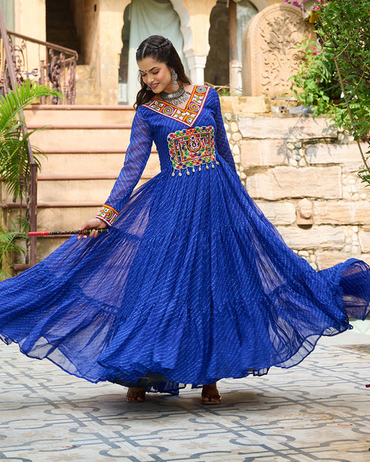 Vibrant Blue Kutchi Work Laheriya Printed Anarkali Gown - ETHNICDEAL