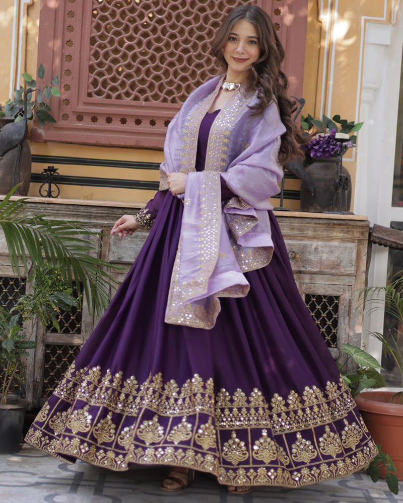 Wine Color Star Georgette Sequence Embroidered Gown - ETHNICDEAL