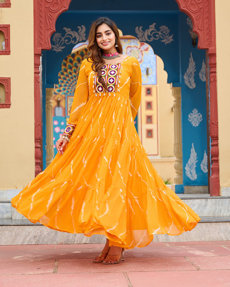Yellow Color Georgette Laheriya Print Navratri Gown - ETHNICDEAL