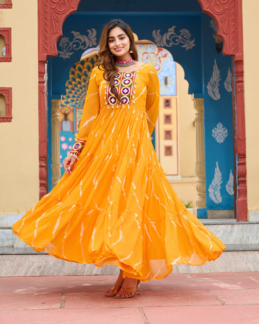 Yellow Color Georgette Laheriya Print Navratri Gown - ETHNICDEAL