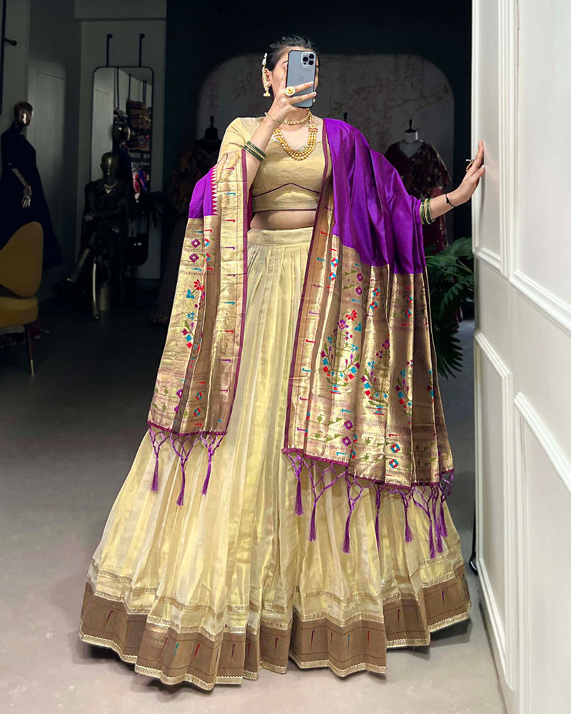 Cream Color Erode Paithani Silk Lehenga Choli - ETHNICDEAL