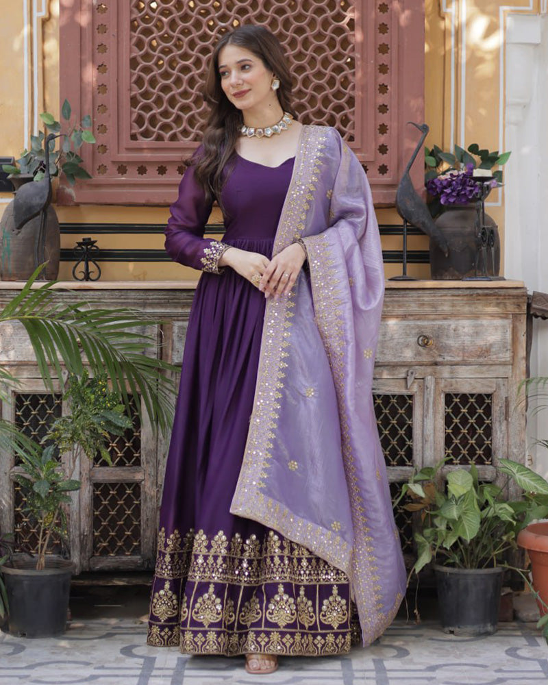 Wine Color Star Georgette Sequence Embroidered Gown - ETHNICDEAL