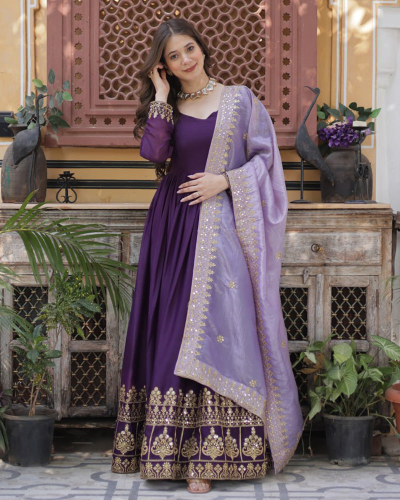 Wine Color Star Georgette Sequence Embroidered Gown - ETHNICDEAL
