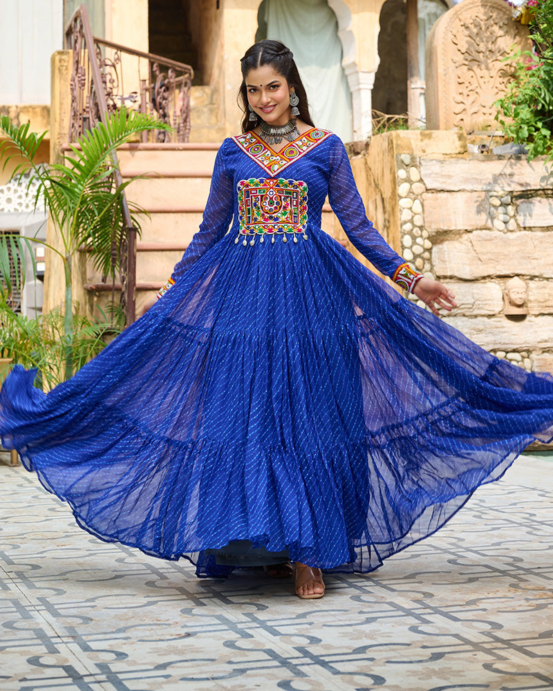 Vibrant Blue Kutchi Work Laheriya Printed Anarkali Gown - ETHNICDEAL