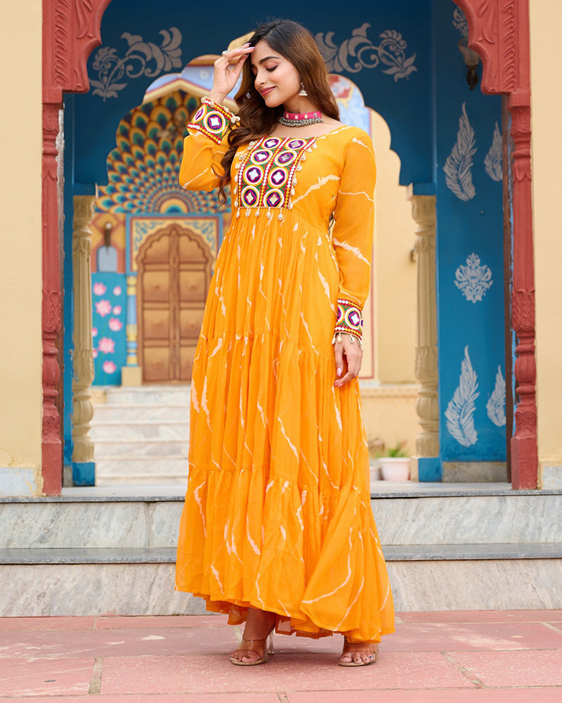 Yellow Color Georgette Laheriya Print Navratri Gown - ETHNICDEAL