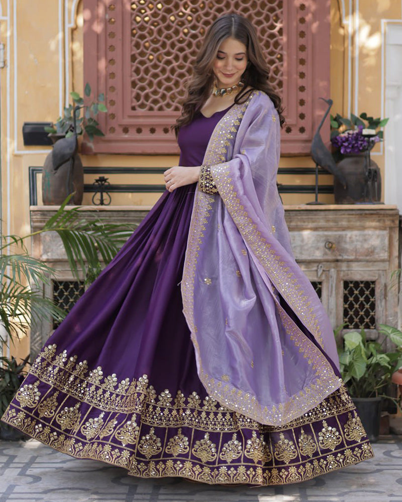 Wine Color Star Georgette Sequence Embroidered Gown - ETHNICDEAL