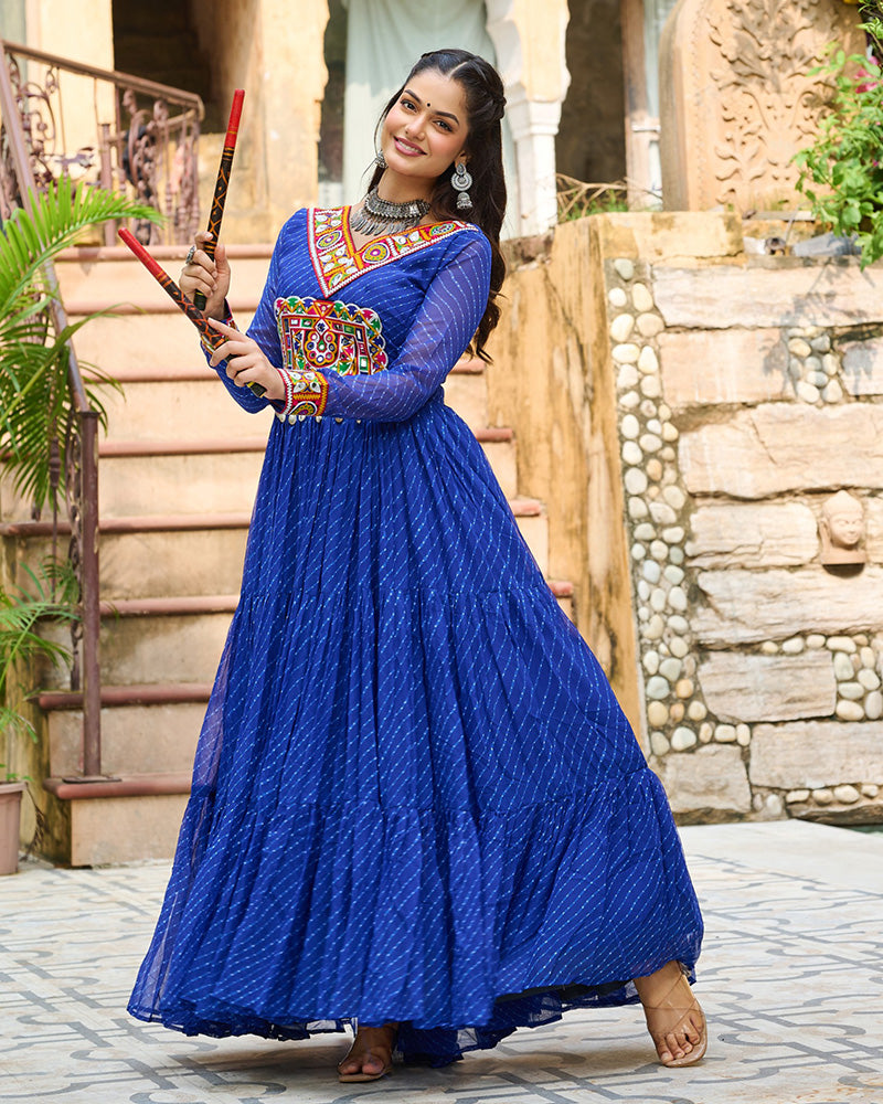 Vibrant Blue Kutchi Work Laheriya Printed Anarkali Gown - ETHNICDEAL