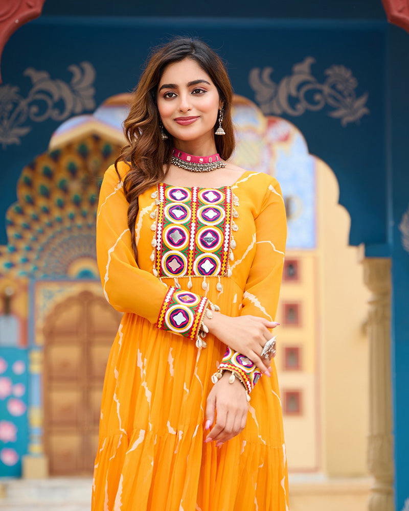 Yellow Color Georgette Laheriya Print Navratri Gown - ETHNICDEAL