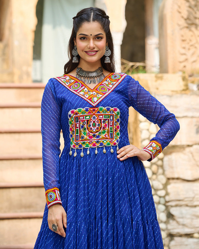 Vibrant Blue Kutchi Work Laheriya Printed Anarkali Gown - ETHNICDEAL