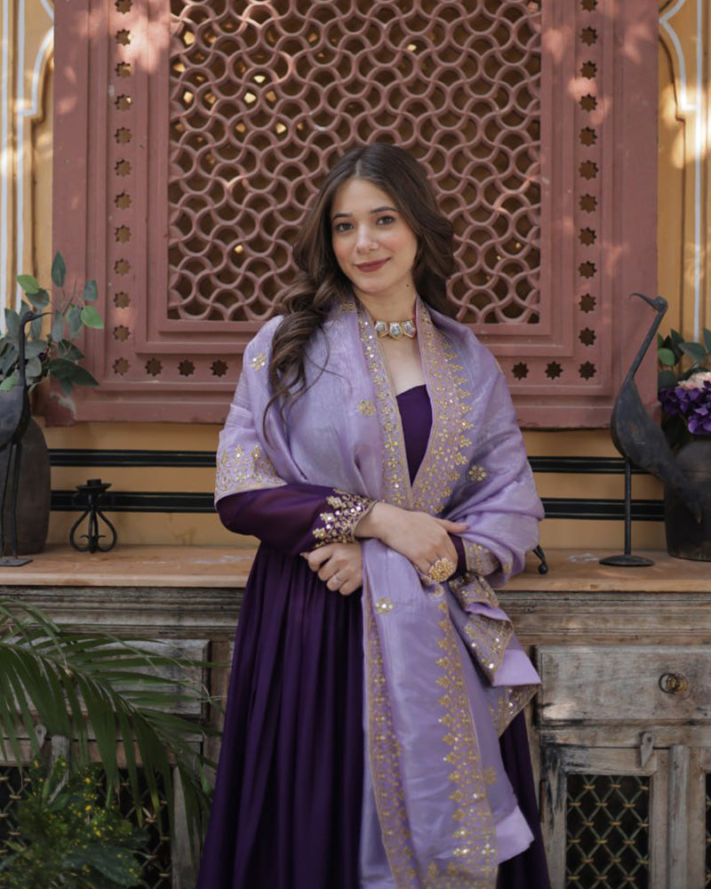 Wine Color Star Georgette Sequence Embroidered Gown - ETHNICDEAL