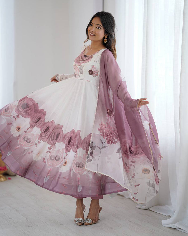 Floral Pure Soft Tebby Organza Three Piece Anarkali Suit - ETHNICDEAL