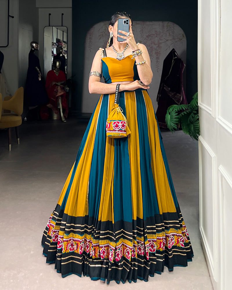 Mustard Color Pure Rayon Navratri Lehenga With Black Choli - ETHNICDEAL