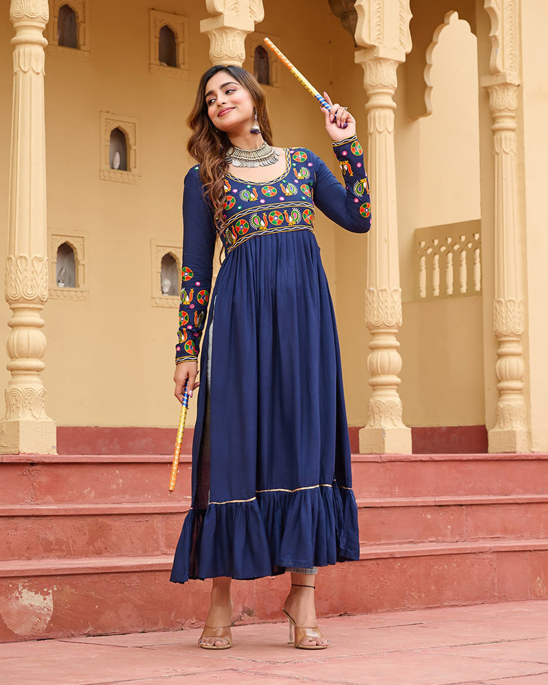 Blue Pure Rayon Embroidered Kurti for Navratri and Garba Wear - ETHNICDEAL
