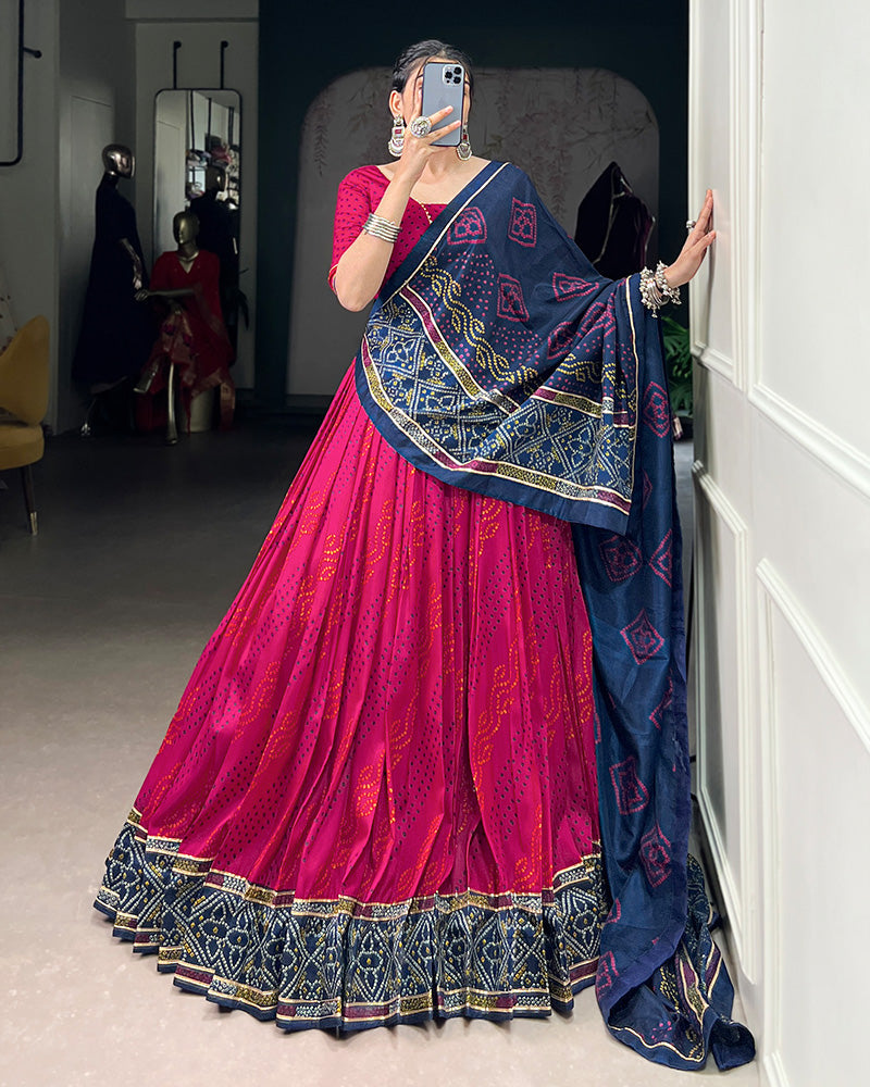 Festive Pink Tussar Silk Bandhej Lehenga Choli for Weddings and Parties - ETHNICDEAL