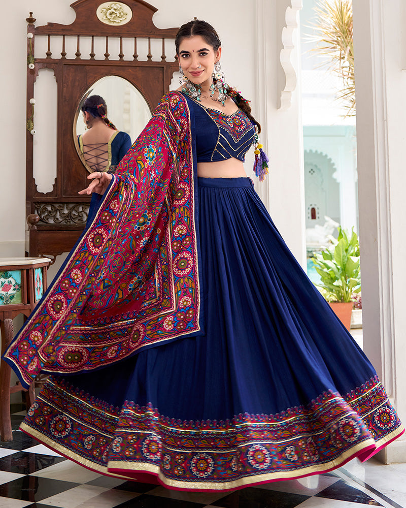Navy Blue Color Tussar Silk Full Stitched Navratri Lehenga Choli - ETHNICDEAL