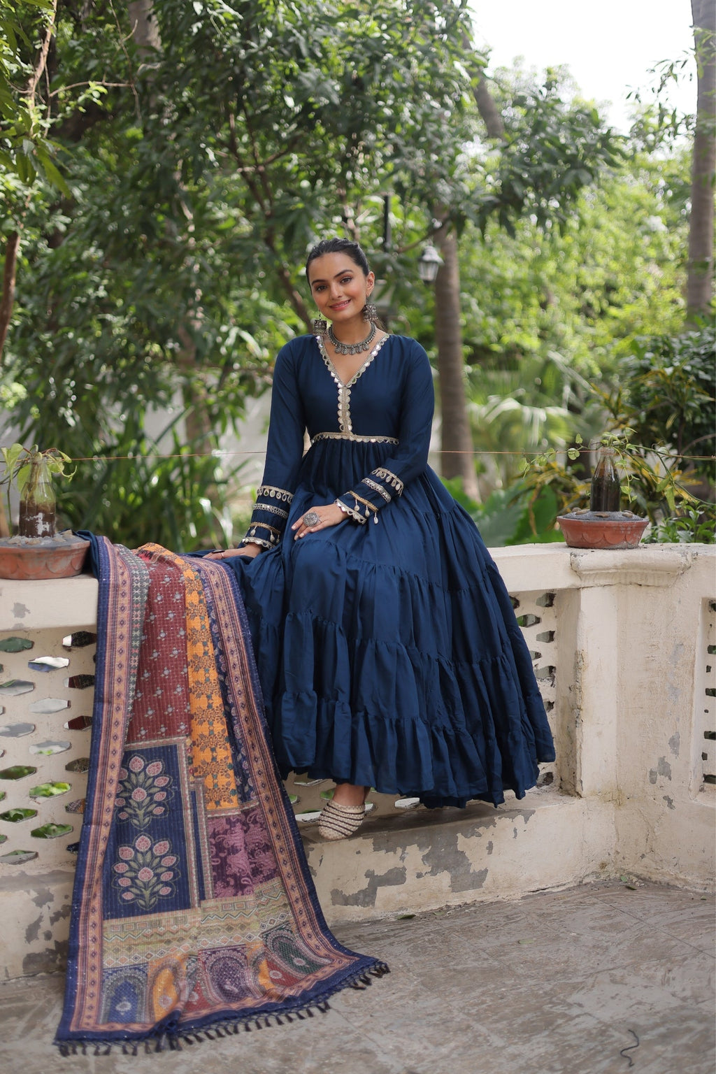 Beautiful Frill Stitching Designer Festival And Wedding Gown And Dupatta Set - ETHNICDEAL