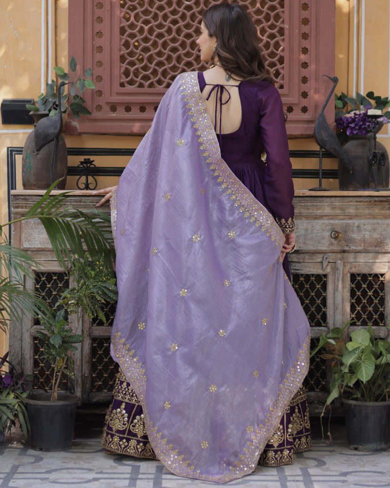 Wine Color Star Georgette Sequence Embroidered Gown - ETHNICDEAL