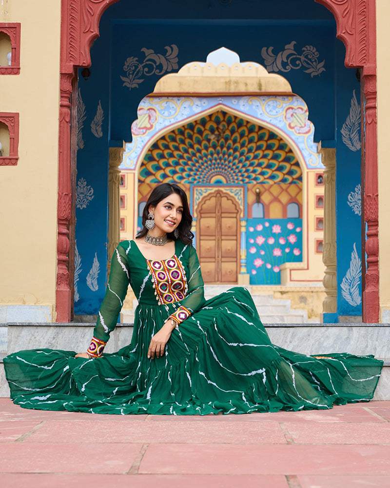 Green Color Georgette Laheriya Print Navratri Gown - ETHNICDEAL