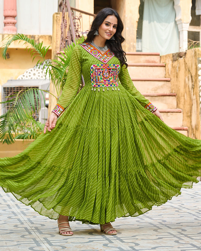 Vibrant Parrot Green Kutchi Work Laheriya Printed Anarkali Gown - ETHNICDEAL