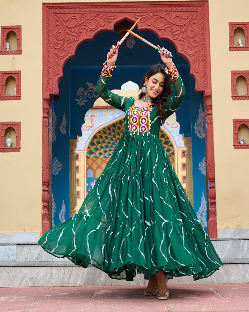 Green Color Georgette Laheriya Print Navratri Gown - ETHNICDEAL