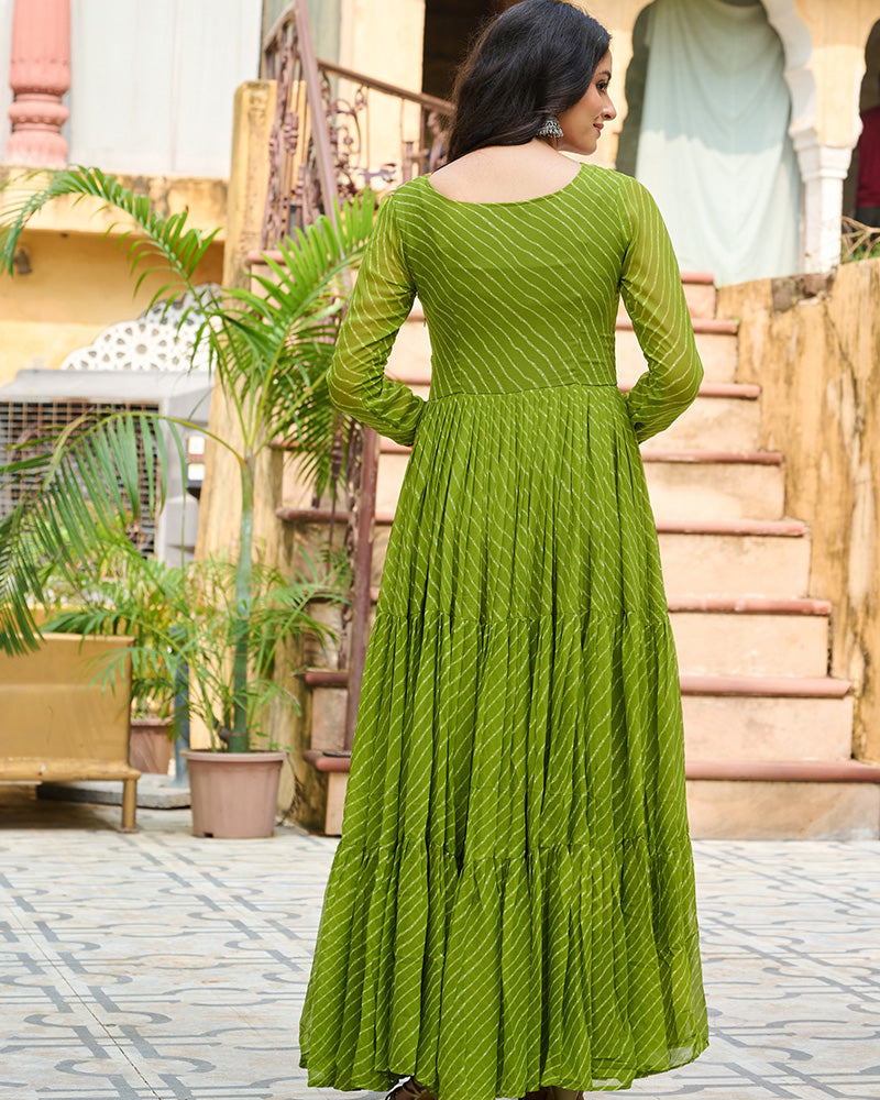 Vibrant Parrot Green Kutchi Work Laheriya Printed Anarkali Gown - ETHNICDEAL