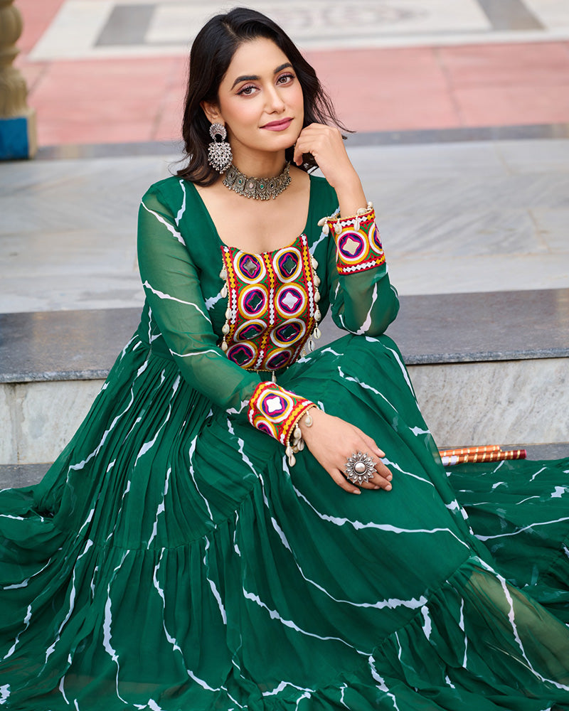 Green Color Georgette Laheriya Print Navratri Gown - ETHNICDEAL