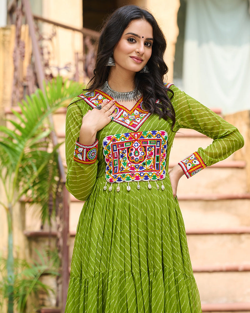Vibrant Parrot Green Kutchi Work Laheriya Printed Anarkali Gown - ETHNICDEAL