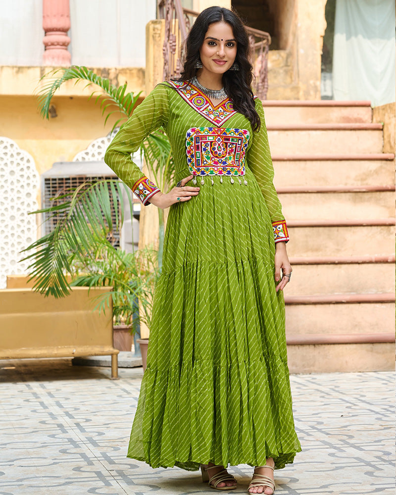Vibrant Parrot Green Kutchi Work Laheriya Printed Anarkali Gown - ETHNICDEAL