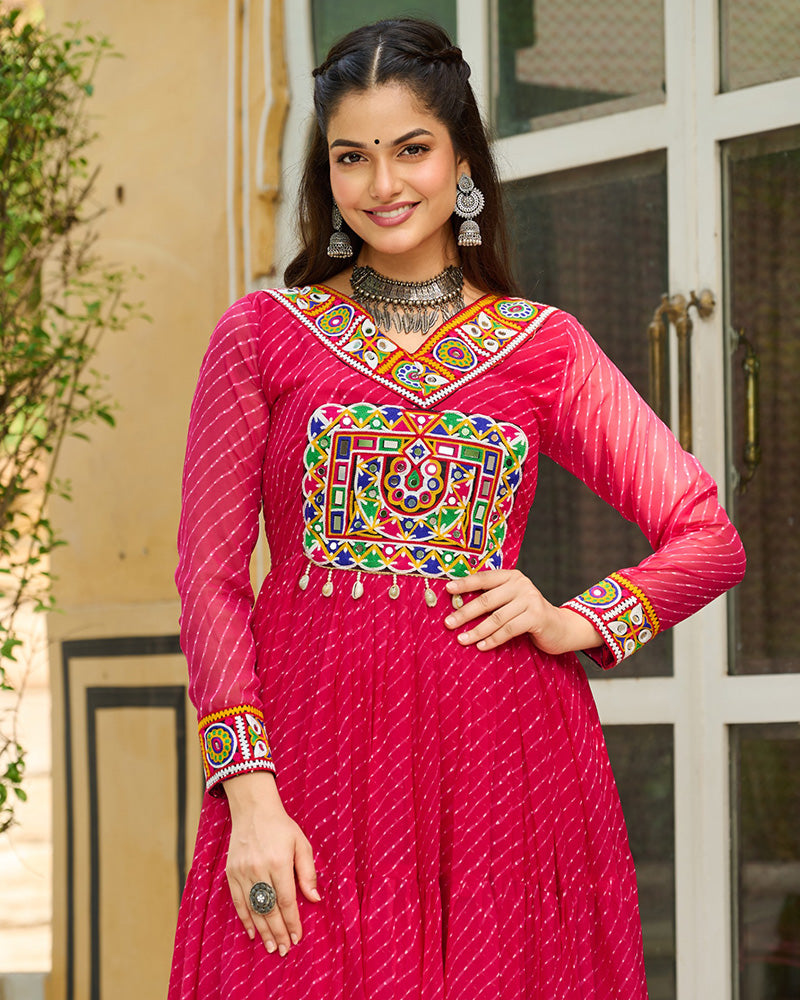 Vibrant Pink Kutchi Work Laheriya Printed Anarkali Gown - ETHNICDEAL