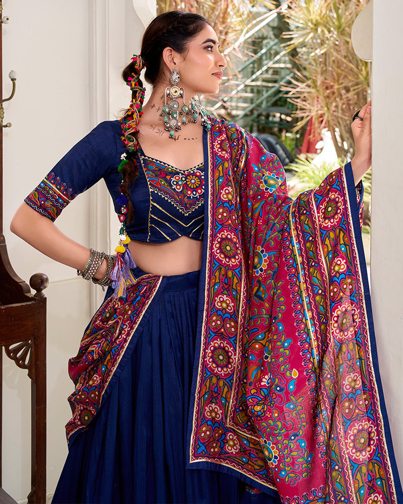 Navy Blue Color Tussar Silk Full Stitched Navratri Lehenga Choli - ETHNICDEAL